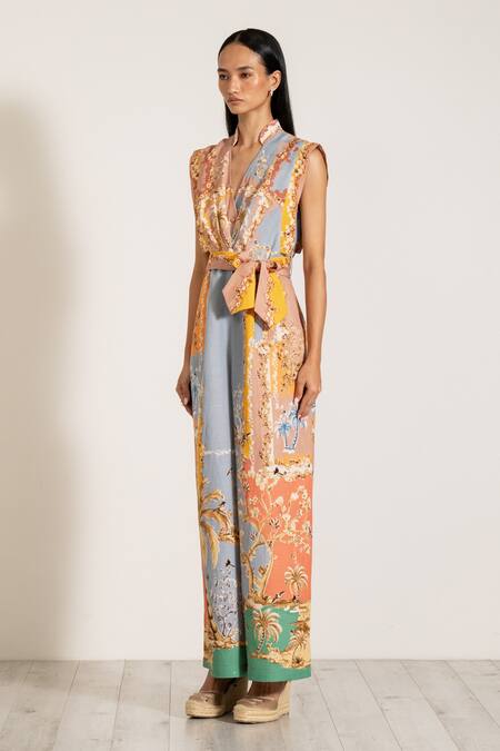RANNA GILL Multi Color Linen Mandarin Collar Multicolor Palm Beach Print Jumpsuit Online at Aza Fashions RANNA GILL_Multi Color Linen Mandarin Collar Multicolor Palm Beach Print Jumpsuit_Online_at_Aza_Fashions