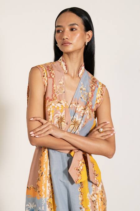 Buy RANNA GILL Multi Color Linen Mandarin Collar Multicolor Palm Beach Print Jumpsuit Online at Aza Fashions Buy_RANNA GILL_Multi Color Linen Mandarin Collar Multicolor Palm Beach Print Jumpsuit_Online_at_Aza_Fashions
