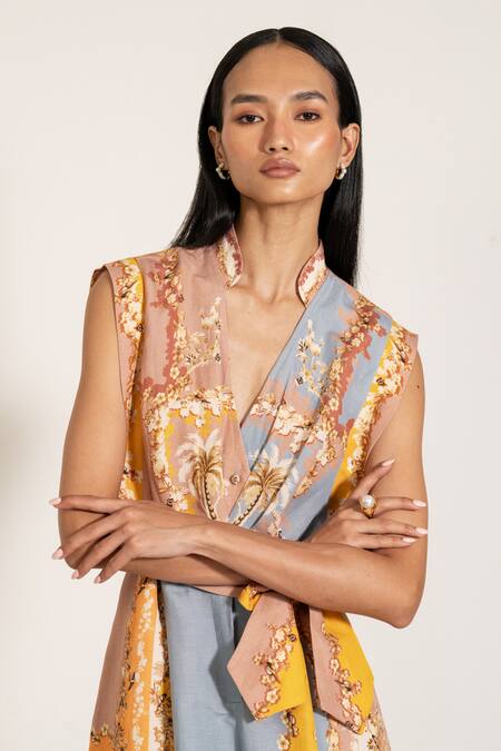 RANNA GILL Multi Color Linen Mandarin Collar Multicolor Palm Beach Print Jumpsuit at Aza Fashions RANNA GILL_Multi Color Linen Mandarin Collar Multicolor Palm Beach Print Jumpsuit_at_Aza_Fashions