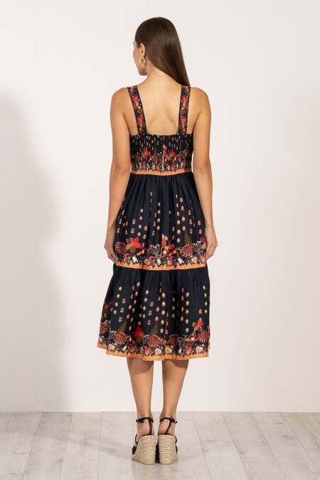 Shop RANNA GILL Black Linen Sweetheart Neck Botanic Print Tiered Midi Dress at Aza Fashions Shop_RANNA GILL_Black Linen Sweetheart Neck Botanic Print Tiered Midi Dress_at_Aza_Fashions