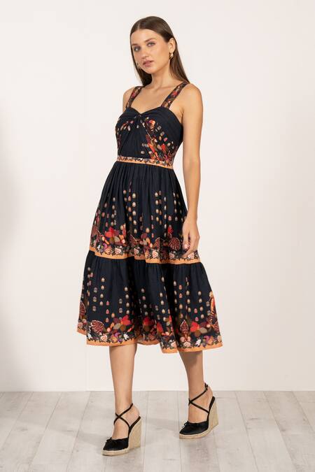 RANNA GILL Black Linen Sweetheart Neck Botanic Print Tiered Midi Dress Online at Aza Fashions RANNA GILL_Black Linen Sweetheart Neck Botanic Print Tiered Midi Dress_Online_at_Aza_Fashions