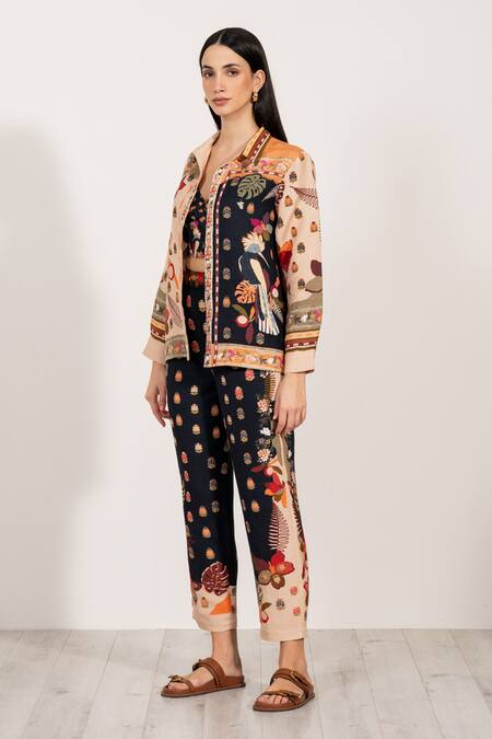 RANNA GILL_Black Linen Botanic Print Pant_Online_at_Aza_Fashions