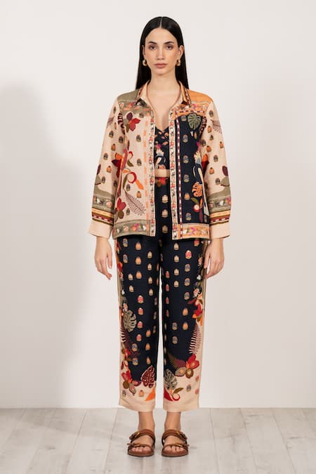 Buy_RANNA GILL_Black Linen Botanic Print Pant_Online_at_Aza_Fashions