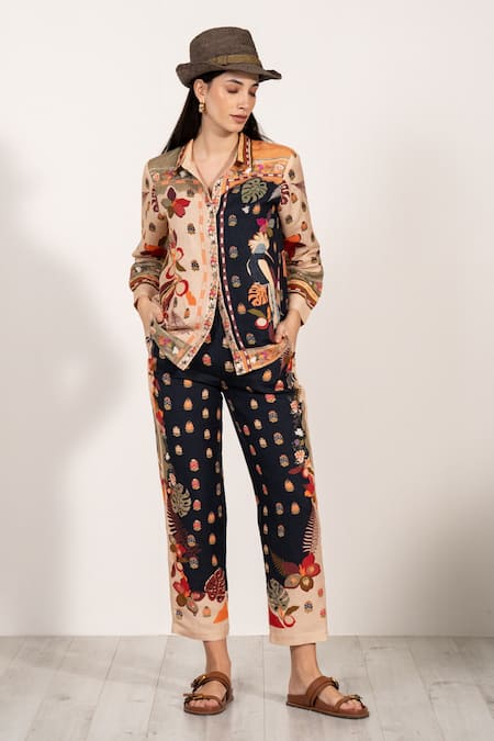 Shop_RANNA GILL_Black Linen Botanic Print Pant_Online_at_Aza_Fashions
