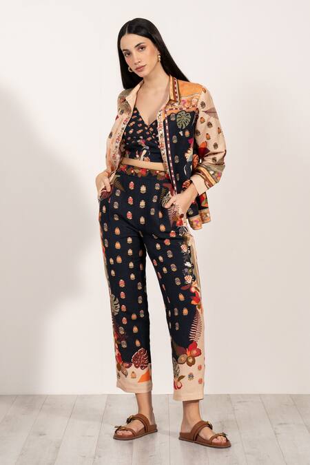 RANNA GILL_Black Linen Botanic Print Pant_at_Aza_Fashions