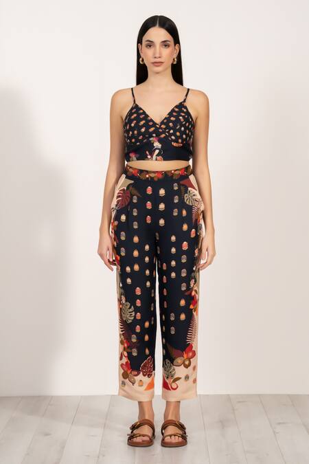 RANNA GILL Black Linen V-neck Botanic Print Bustier Online at Aza Fashions RANNA GILL_Black Linen V-neck Botanic Print Bustier_Online_at_Aza_Fashions