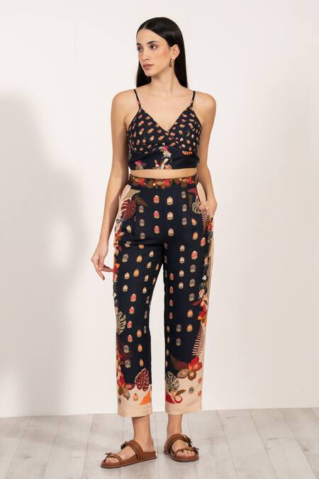RANNA GILL Black Linen V-neck Botanic Print Bustier at Aza Fashions RANNA GILL_Black Linen V-neck Botanic Print Bustier_at_Aza_Fashions