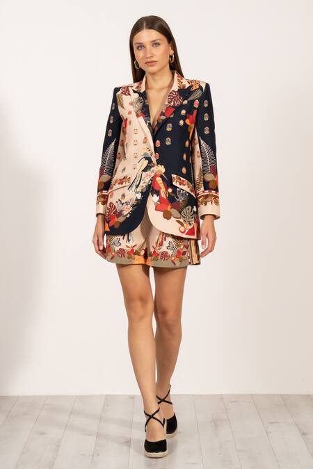 RANNA GILL_Multi Color Linen Collared Botanic Print Jacket_Online_at_Aza_Fashions