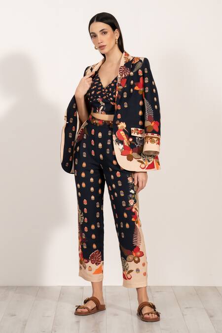 Buy_RANNA GILL_Multi Color Linen Collared Botanic Print Jacket_Online_at_Aza_Fashions