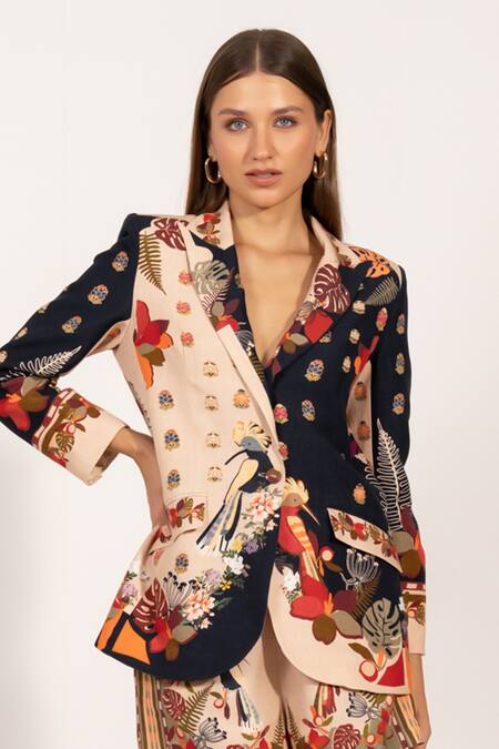 Shop_RANNA GILL_Multi Color Linen Collared Botanic Print Jacket_Online_at_Aza_Fashions