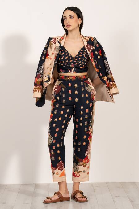 RANNA GILL_Multi Color Linen Collared Botanic Print Jacket_at_Aza_Fashions