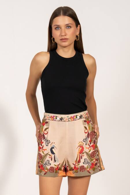 Buy_RANNA GILL_Multi Color Linen Puerto Rico Print Shorts_Online_at_Aza_Fashions