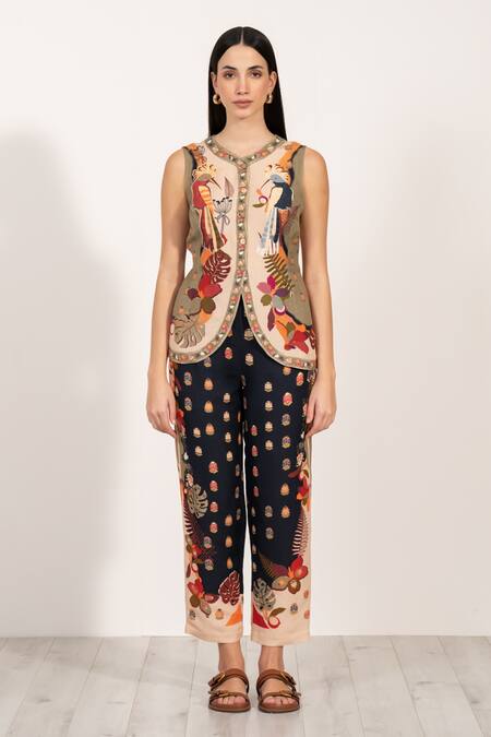 RANNA GILL Multi Color Linen Asymmetric Botanic Print Waistcoat Online at Aza Fashions RANNA GILL_Multi Color Linen Asymmetric Botanic Print Waistcoat_Online_at_Aza_Fashions