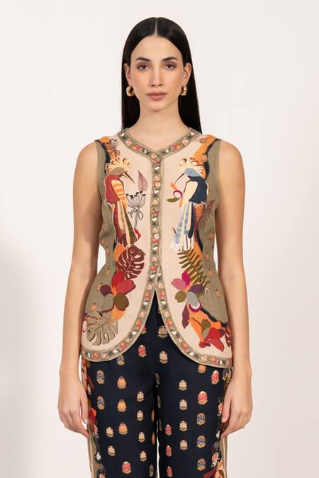 Buy RANNA GILL Multi Color Linen Asymmetric Botanic Print Waistcoat Online at Aza Fashions Buy_RANNA GILL_Multi Color Linen Asymmetric Botanic Print Waistcoat_Online_at_Aza_Fashions