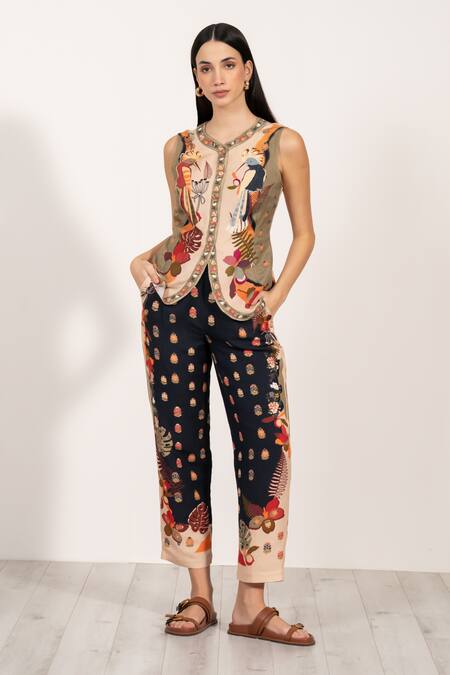 RANNA GILL Multi Color Linen Asymmetric Botanic Print Waistcoat at Aza Fashions RANNA GILL_Multi Color Linen Asymmetric Botanic Print Waistcoat_at_Aza_Fashions