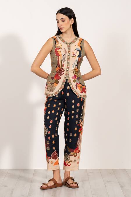 Buy RANNA GILL Multi Color Linen Asymmetric Botanic Print Waistcoat Buy_RANNA GILL_Multi Color Linen Asymmetric Botanic Print Waistcoat