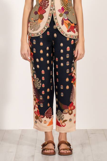 Shop RANNA GILL Multi Color Linen Asymmetric Botanic Print Waistcoat Shop_RANNA GILL_Multi Color Linen Asymmetric Botanic Print Waistcoat