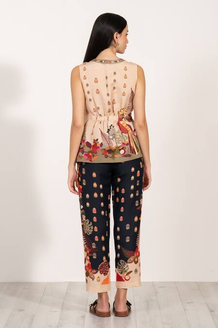 Shop RANNA GILL Multi Color Linen Asymmetric Botanic Print Waistcoat at Aza Fashions Shop_RANNA GILL_Multi Color Linen Asymmetric Botanic Print Waistcoat_at_Aza_Fashions