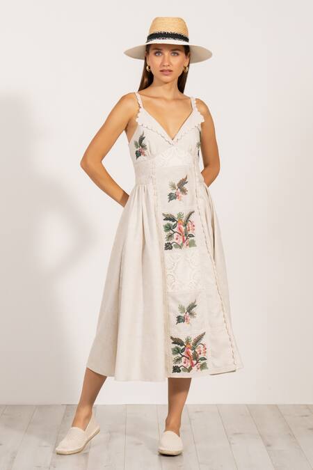 RANNA GILL_Beige Polyester Embroidery, Lace V-neck Floral Panel Midi Dress_Online_at_Aza_Fashions