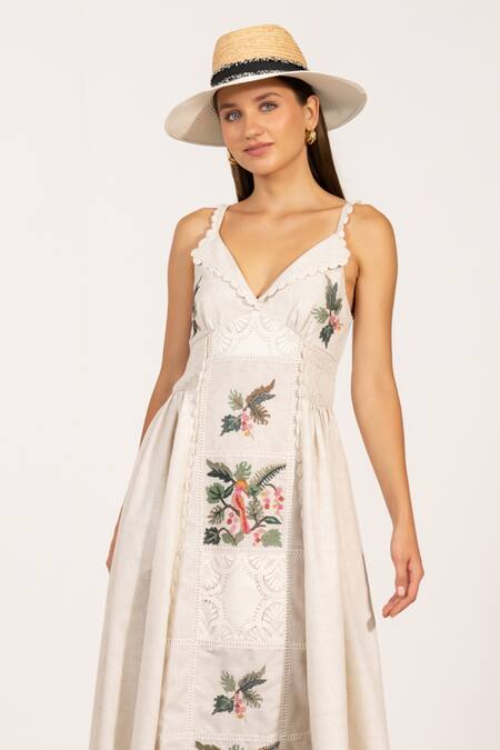 Buy_RANNA GILL_Beige Polyester Embroidery, Lace V-neck Floral Panel Midi Dress_Online_at_Aza_Fashions