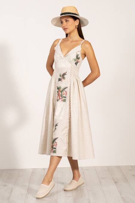 RANNA GILL_Beige Polyester Embroidery, Lace V-neck Floral Panel Midi Dress_at_Aza_Fashions