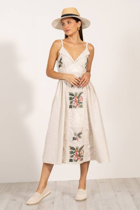 Shop_RANNA GILL_Beige Polyester Embroidery, Lace V-neck Floral Panel Midi Dress