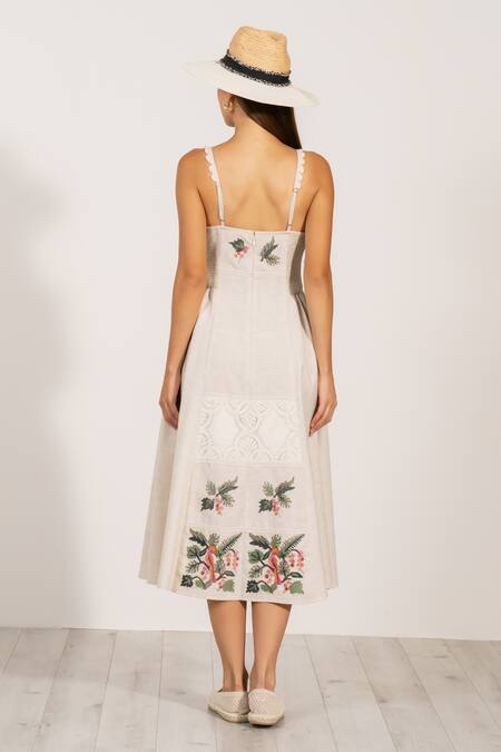 Shop_RANNA GILL_Beige Polyester Embroidery, Lace V-neck Floral Panel Midi Dress_at_Aza_Fashions
