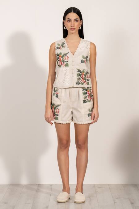 RANNA GILL Beige Polyester Embroidery, Lace V-neck Floral Stitch Panel Top at Aza Fashions RANNA GILL_Beige Polyester Embroidery, Lace V-neck Floral Stitch Panel Top_at_Aza_Fashions