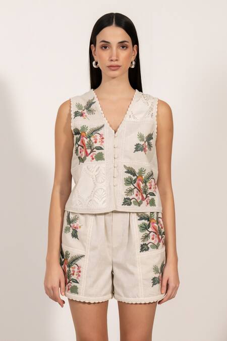 Buy RANNA GILL Beige Polyester Embroidery, Lace V-neck Floral Stitch Panel Top Buy_RANNA GILL_Beige Polyester Embroidery, Lace V-neck Floral Stitch Panel Top