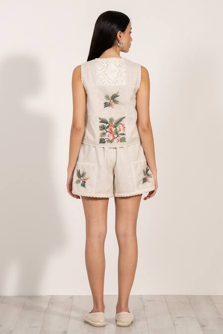 Shop RANNA GILL Beige Polyester Embroidery, Lace V-neck Floral Stitch Panel Top at Aza Fashions Shop_RANNA GILL_Beige Polyester Embroidery, Lace V-neck Floral Stitch Panel Top_at_Aza_Fashions