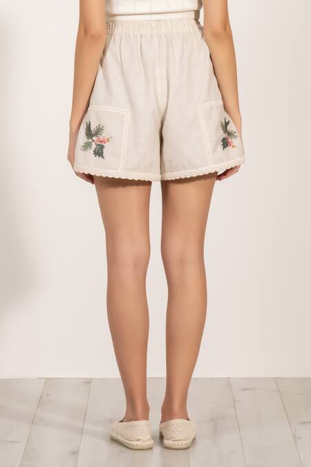RANNA GILL Beige Polyester Embroidery, Lace Floral Shorts Online at Aza Fashions RANNA GILL_Beige Polyester Embroidery, Lace Floral Shorts_Online_at_Aza_Fashions