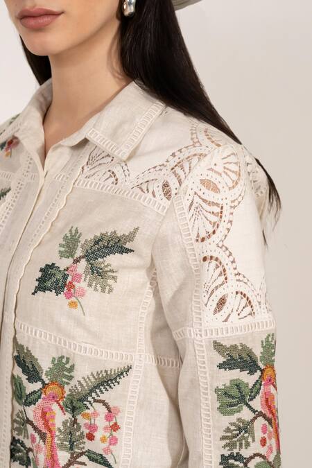 RANNA GILL Beige Polyester Embroidery, Lace Shawl Neck Floral Shirt Online at Aza Fashions RANNA GILL_Beige Polyester Embroidery, Lace Shawl Neck Floral Shirt_Online_at_Aza_Fashions