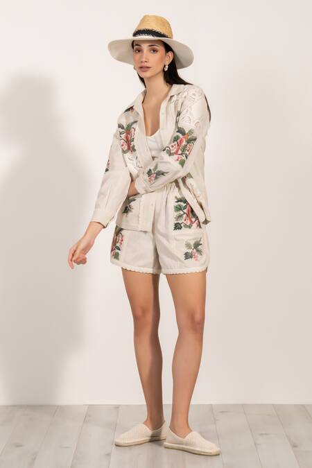 Buy RANNA GILL Beige Polyester Embroidery, Lace Shawl Neck Floral Shirt Online at Aza Fashions Buy_RANNA GILL_Beige Polyester Embroidery, Lace Shawl Neck Floral Shirt_Online_at_Aza_Fashions