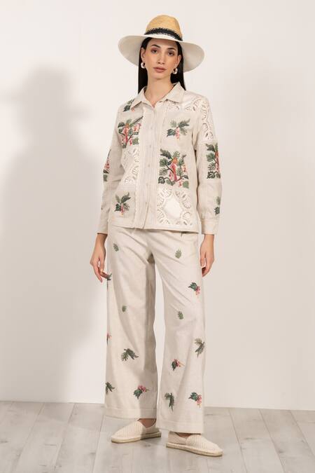 RANNA GILL Beige Polyester Embroidery, Lace Shawl Neck Floral Shirt at Aza Fashions RANNA GILL_Beige Polyester Embroidery, Lace Shawl Neck Floral Shirt_at_Aza_Fashions