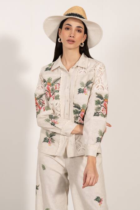 Buy RANNA GILL Beige Polyester Embroidery, Lace Shawl Neck Floral Shirt Buy_RANNA GILL_Beige Polyester Embroidery, Lace Shawl Neck Floral Shirt