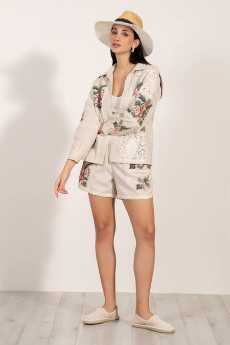 Shop RANNA GILL Beige Polyester Embroidery, Lace Shawl Neck Floral Shirt at Aza Fashions Shop_RANNA GILL_Beige Polyester Embroidery, Lace Shawl Neck Floral Shirt_at_Aza_Fashions