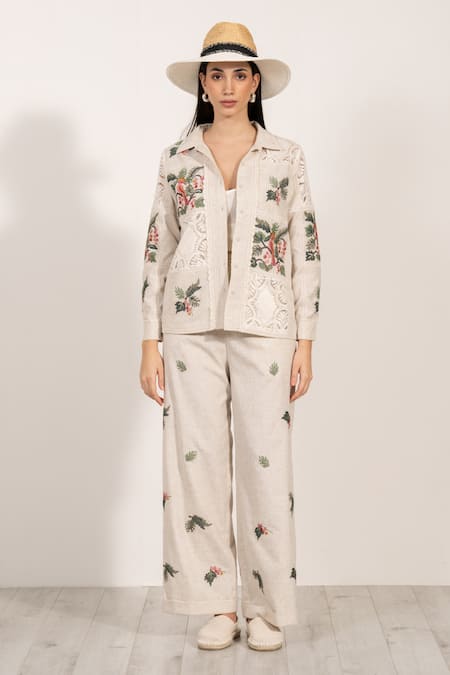 Buy_Ranna Gill_Beige Polyester Embroidery Floral High-waisted Pant _Online_at_Aza_Fashions