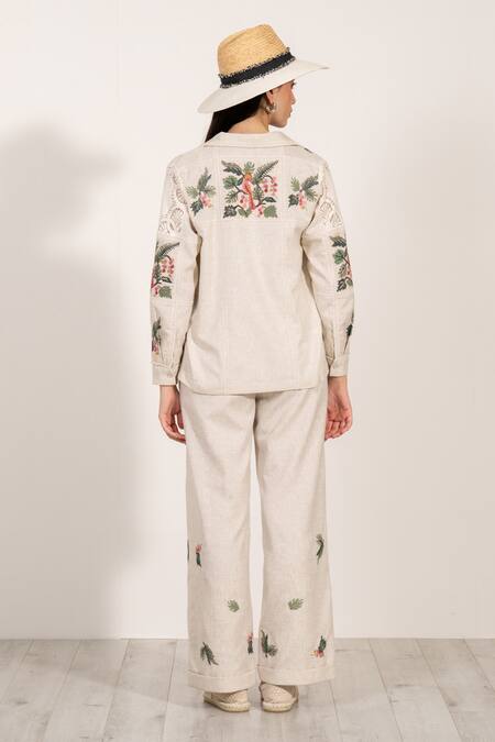Ranna Gill_Beige Polyester Embroidery Floral High-waisted Pant _Online_at_Aza_Fashions