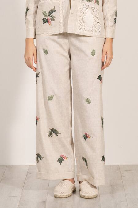 Shop_Ranna Gill_Beige Polyester Embroidery Floral High-waisted Pant _Online_at_Aza_Fashions