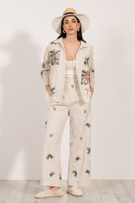 Ranna Gill_Beige Polyester Embroidery Floral High-waisted Pant _at_Aza_Fashions