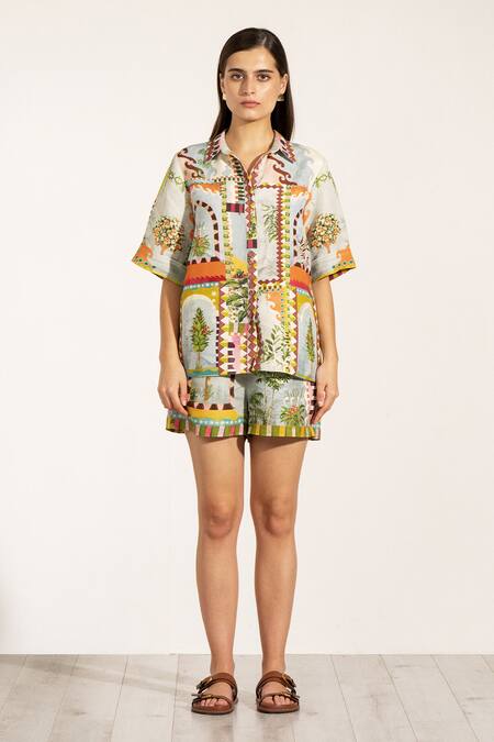 RANNA GILL_Green Viscose, Linen Collared Cypress Print Button Down Shirt_Online_at_Aza_Fashions