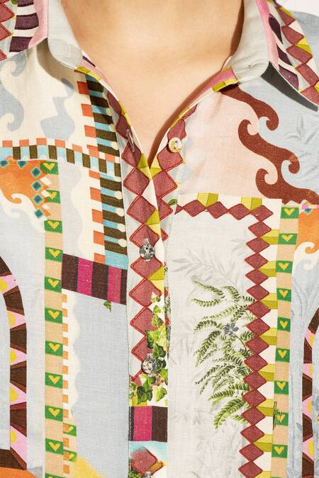 Shop_RANNA GILL_Green Viscose, Linen Collared Cypress Print Button Down Shirt_Online_at_Aza_Fashions