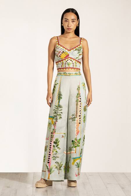 RANNA GILL_Green Viscose, Linen Sweetheart Neck Tropical Print Bustier_Online_at_Aza_Fashions