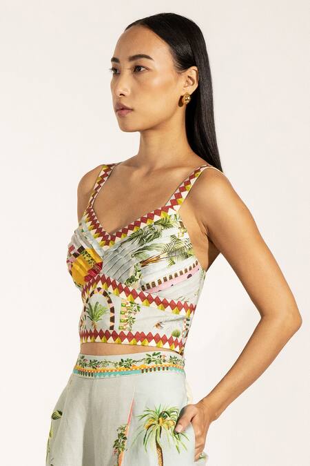Buy_RANNA GILL_Green Viscose, Linen Sweetheart Neck Tropical Print Bustier_Online_at_Aza_Fashions