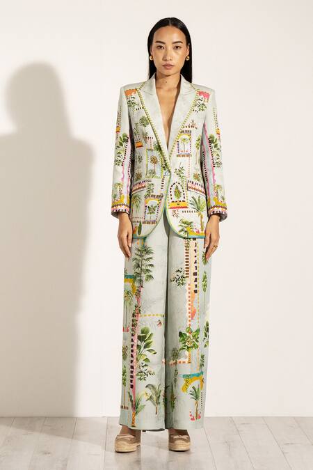 RANNA GILL_Green Viscose, Linen Collared Tropical Print Lapel Jacket_Online_at_Aza_Fashions