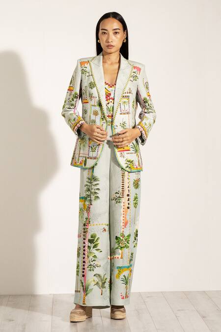 Buy_RANNA GILL_Green Viscose, Linen Collared Tropical Print Lapel Jacket_Online_at_Aza_Fashions