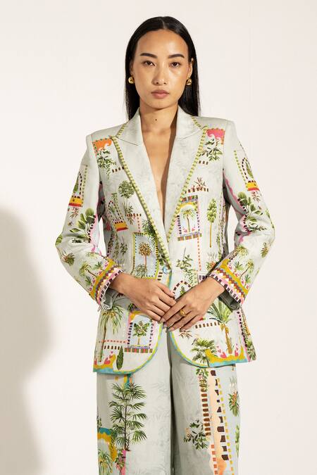 Shop_RANNA GILL_Green Viscose, Linen Collared Tropical Print Lapel Jacket_Online_at_Aza_Fashions