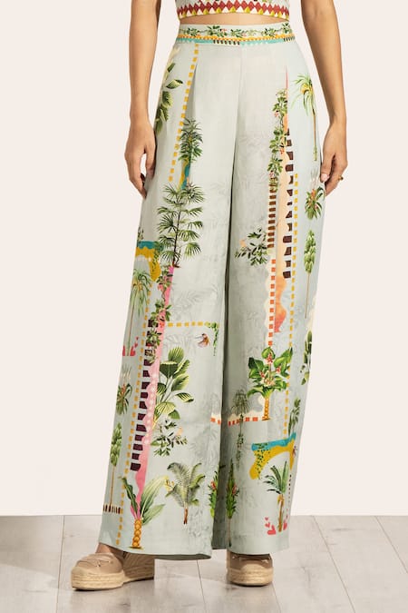 Shop RANNA GILL Green Viscose, Linen Tropical Printed Wide Legged Pant at Aza Fashions Shop_RANNA GILL_Green Viscose, Linen Tropical Printed Wide Legged Pant_at_Aza_Fashions