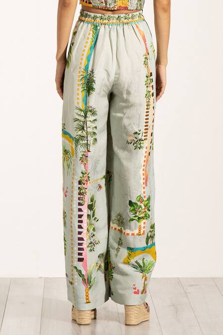 RANNA GILL Green Viscose, Linen Tropical Printed Wide Legged Pant Online at Aza Fashions RANNA GILL_Green Viscose, Linen Tropical Printed Wide Legged Pant_Online_at_Aza_Fashions
