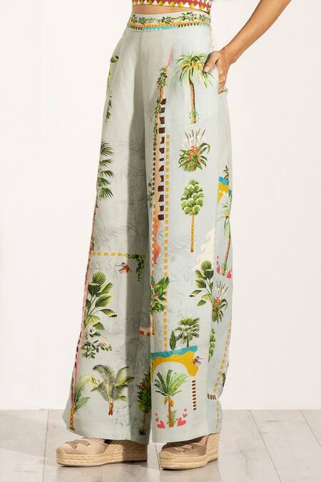 Buy RANNA GILL Green Viscose, Linen Tropical Printed Wide Legged Pant Online at Aza Fashions Buy_RANNA GILL_Green Viscose, Linen Tropical Printed Wide Legged Pant_Online_at_Aza_Fashions